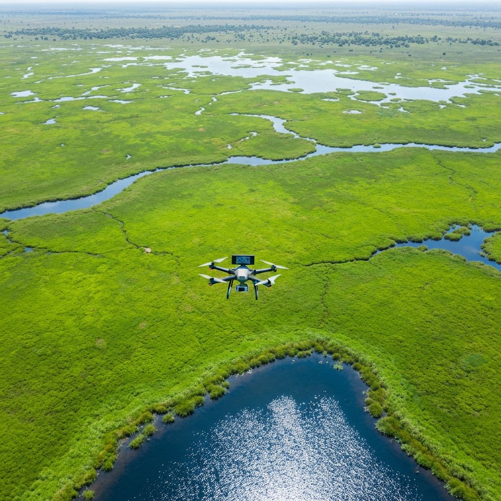 Drone surveying a wetland ecosystem from above