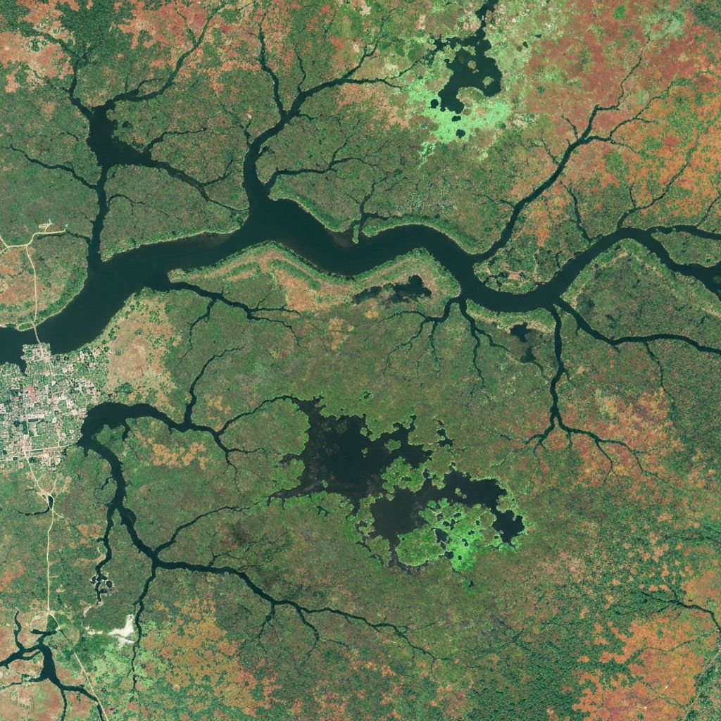 Satellite view of wetland ecosystem showing vegetation patterns