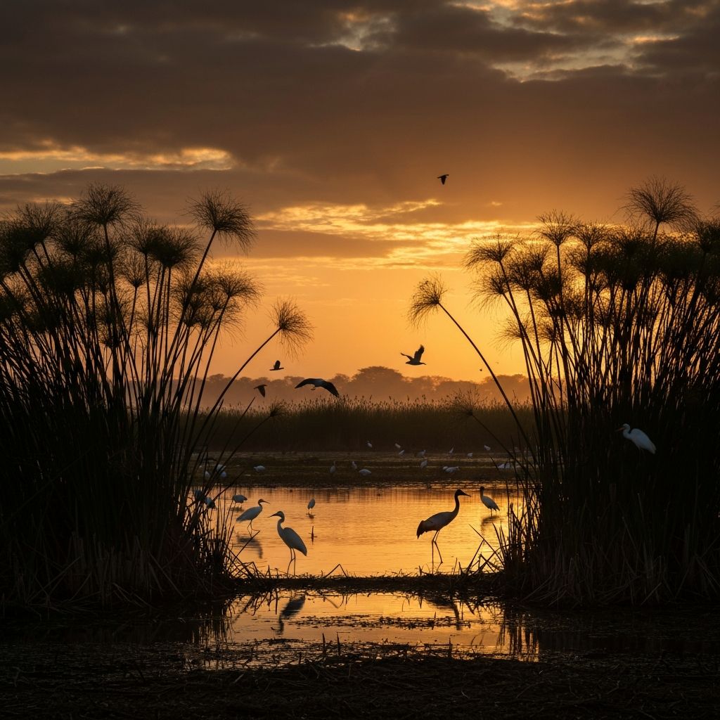 Golden sunrise over wetland habitat